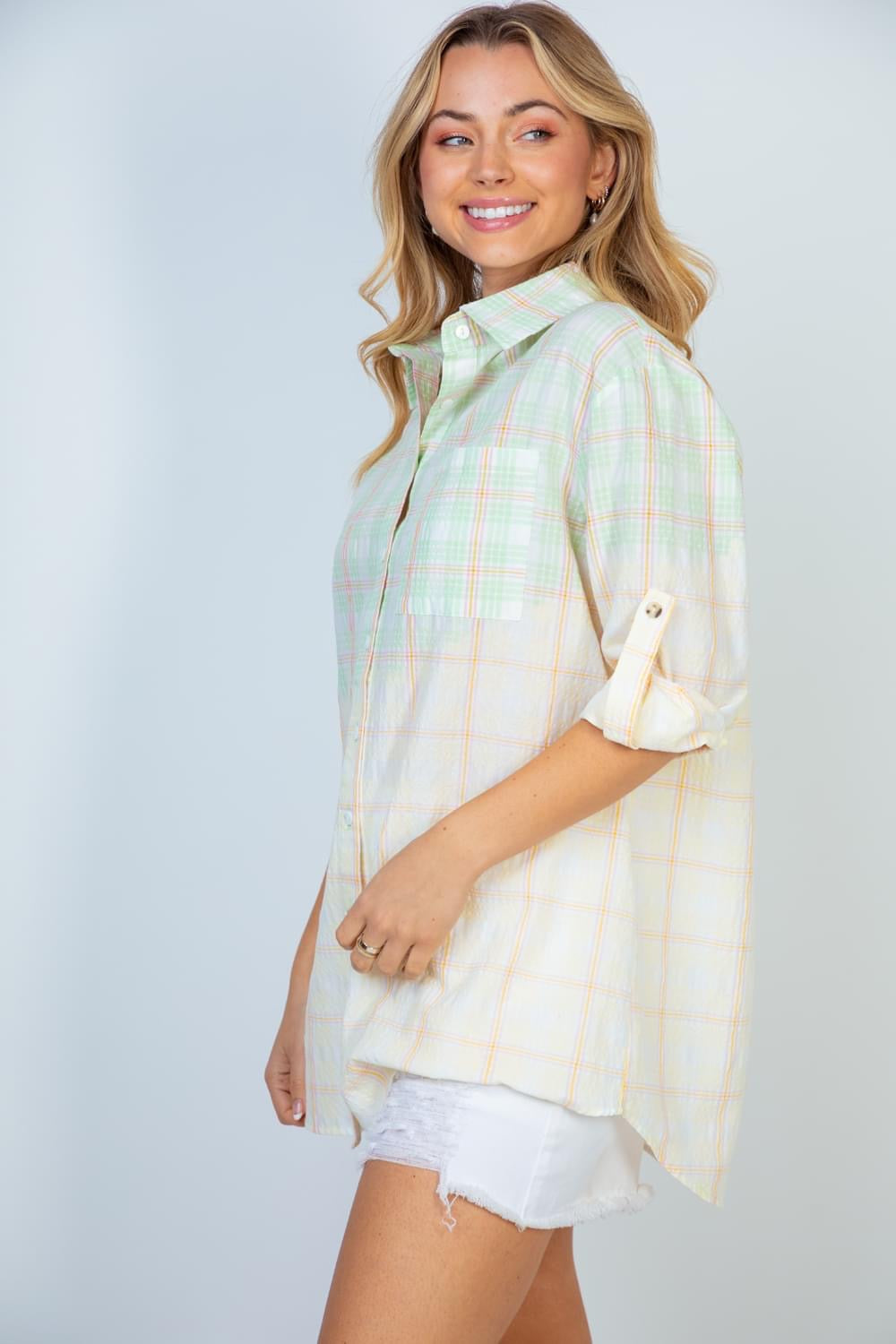 Ombre Plaid Button Down Top